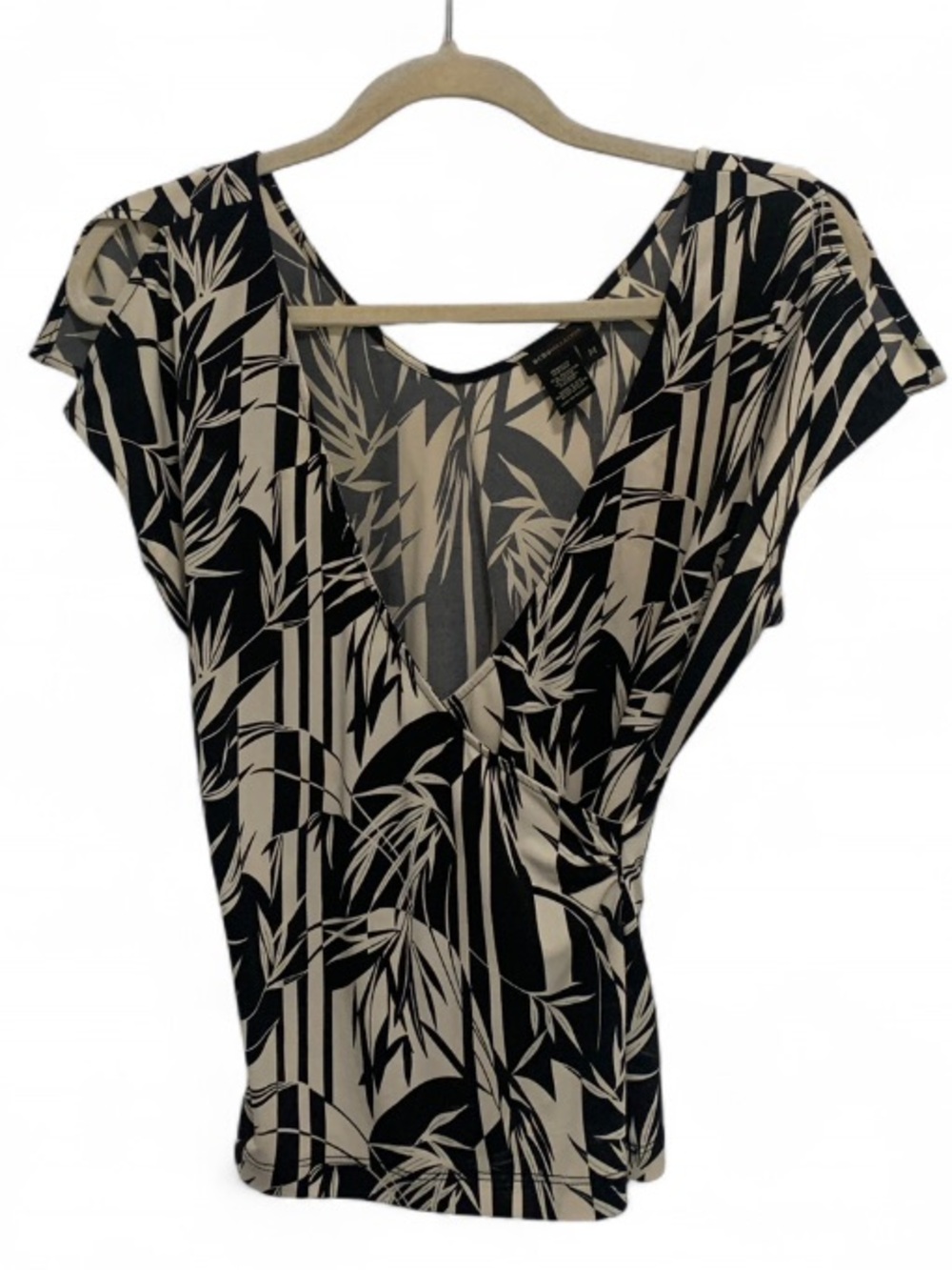 Y2K BCBGMaxAzria Black and Cream Printed Wrap-Style Flutter Top